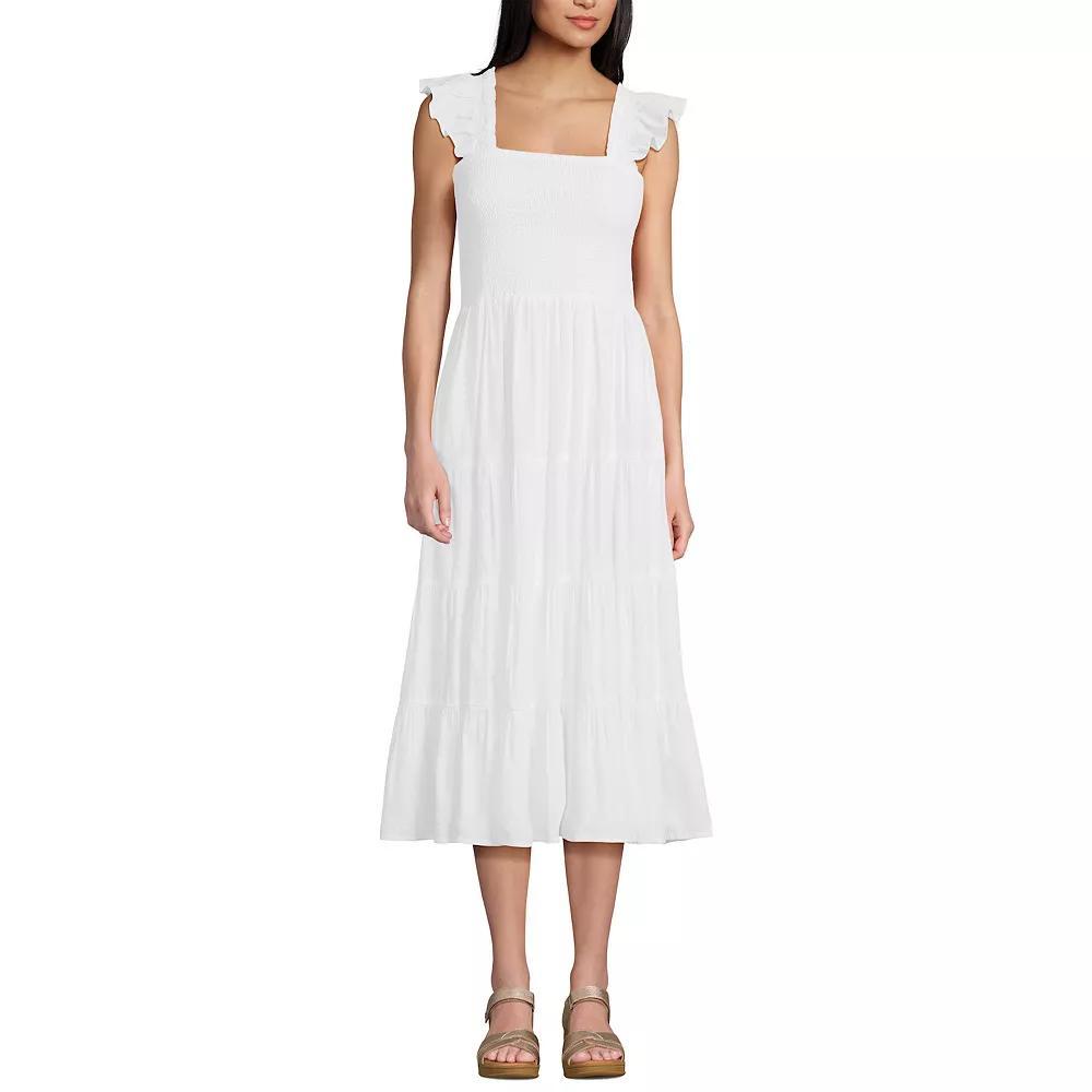 Women's Lands' End Cotton Dobby Smocked Ruffle Shoulder Midi Dress, Size: Large, White Product Image