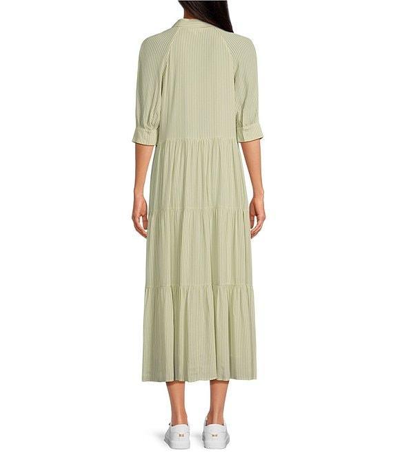 A Loves A Pinstripe Print Button Point Collar 3/4 Blouson Cuff Sleeve Tiered Waistless Midi Shirt Dress Product Image