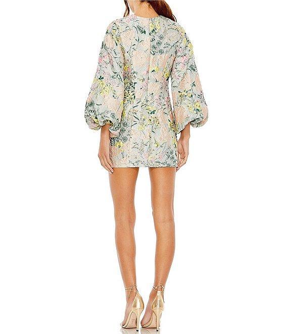 Mac Duggal Floral Brocade Crew Neckline Long Puff Sleeve Mini Dress Product Image