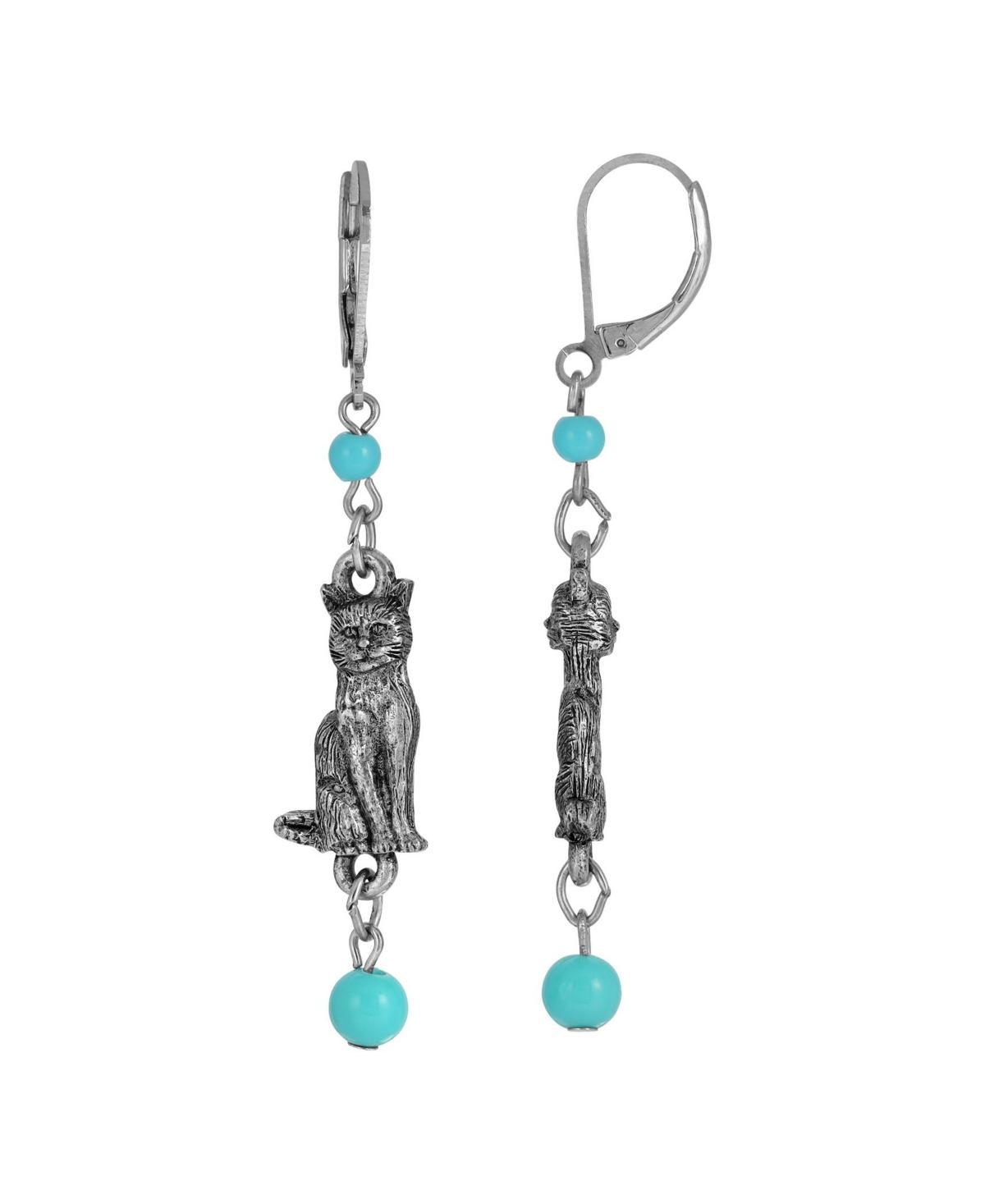 1928 Silver Tone Simulated Turquoise Bead Cat Drop Earrings, Womens, Blue Product Image