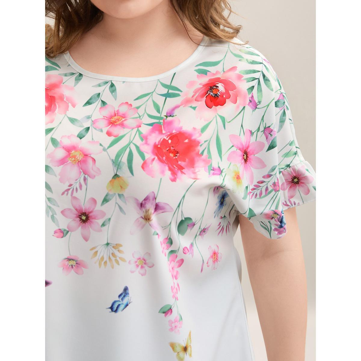 Plus Size Opticwhite Floral Bodice Round Neck Flared Blouse Women Elegant Short sleeve Round Neck Everyday-Elegant Blouses BloomChic 12/L Product Image