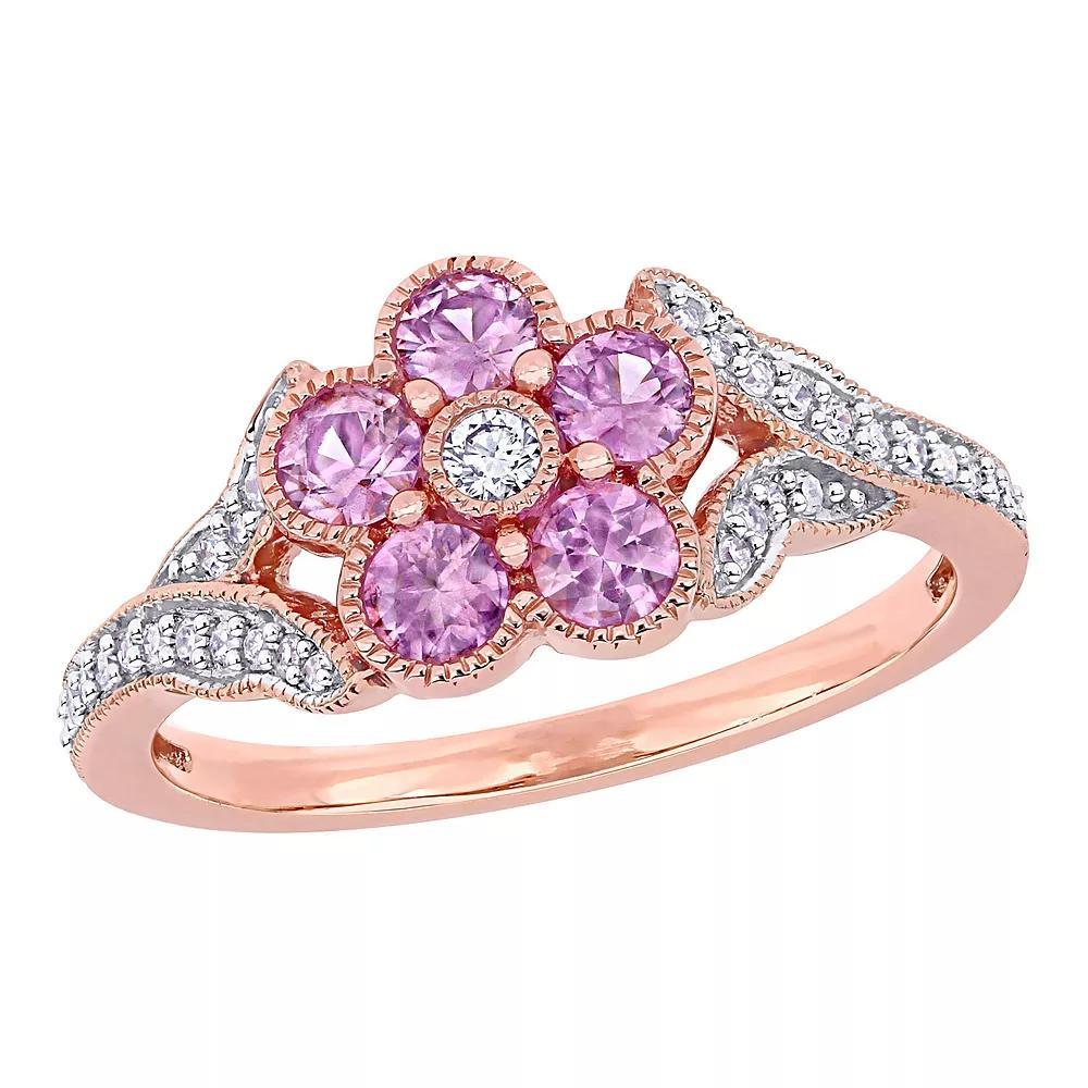 Stella Grace 10K Rose Gold Pink Sapphire & 1/6 Carat T.W. Diamond Flower Ring, Women's Product Image