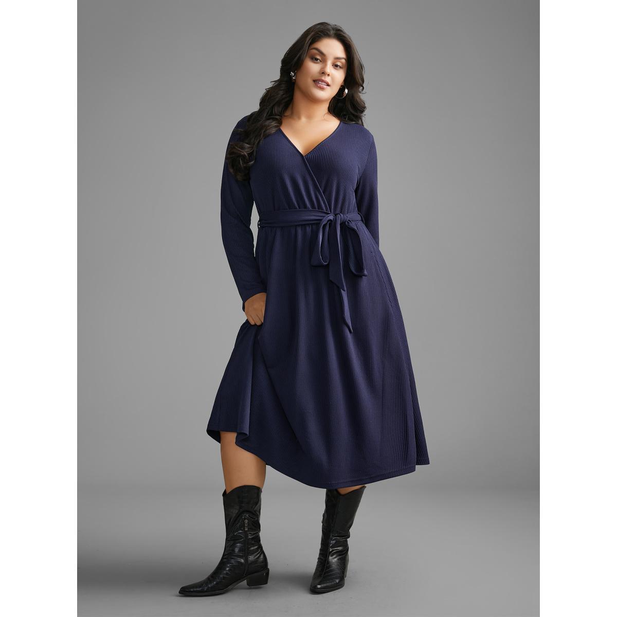 Plus Size Solid Overlap Collar Belted Knit Dress DarkBlue Women Casual Texture Knit Dresses Bloomchic 10/M Product Image