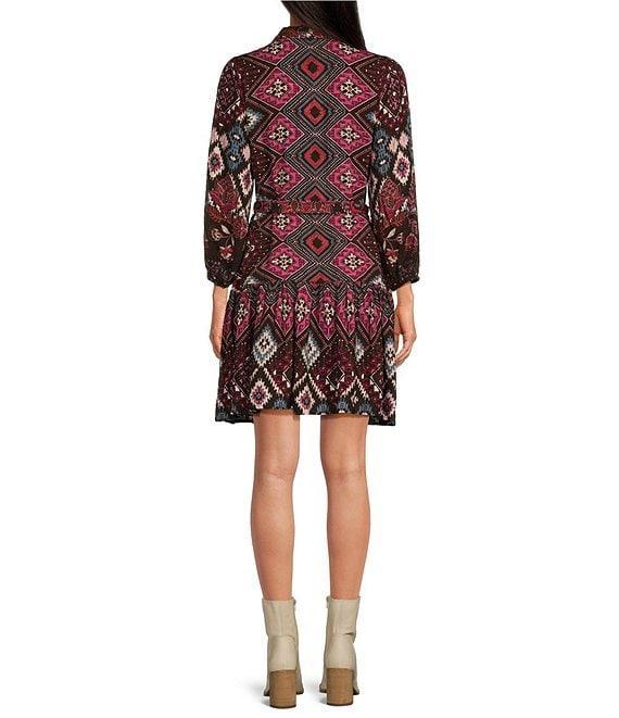 Skies Are Blue Border Print Banded Collar Neck Long Sleeve Waist Tie Mini Dress Product Image