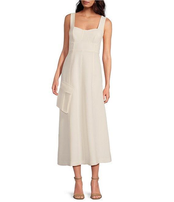 Le' AL.X Woven Suiting Bustier Sweetheart Shape Neck Sleeveless Tank Strap Cargo Pocket Fit & Flare Coordinating Midi Dress Product Image