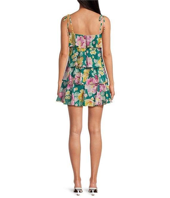 Dress the Population Pixie Metallic Floral Print Square Neck Sleeveless Tiered Ruffle A-Line Mini Dress Product Image