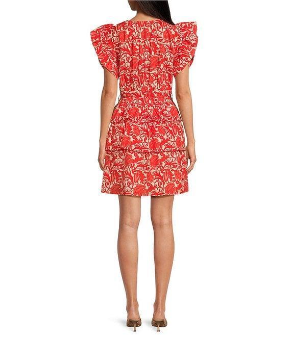 Ro's Garden Hunan Woven Floral Print V-Neck Flutter Sleeve Tie Waist Dress Product Image