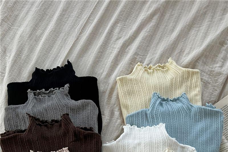 Long-Sleeve High Neck Plain Asymmetrical Lettuce Edge Knit Top Product Image