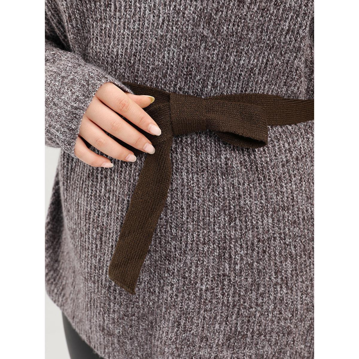 Plus Size Solid Pointelle Knit Mock Neck Belted Heather Knit Top Brown Women Casual Long Sleeve Mock Neck Dailywear Pullovers BloomChic 26/4X Product Image
