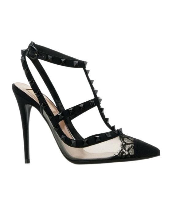 VALENTINO GARAVANI Rockstud Lace T-strap Pumps In Black Product Image