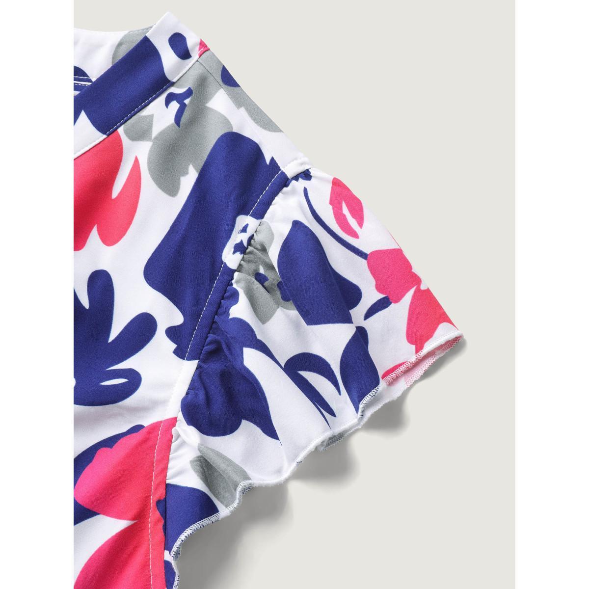 Plus Size Color Block Floral Print Notched Midi Dress Navy Women Flat collar with V-notch Cap Sleeve Curvy BloomChic 10/M Product Image
