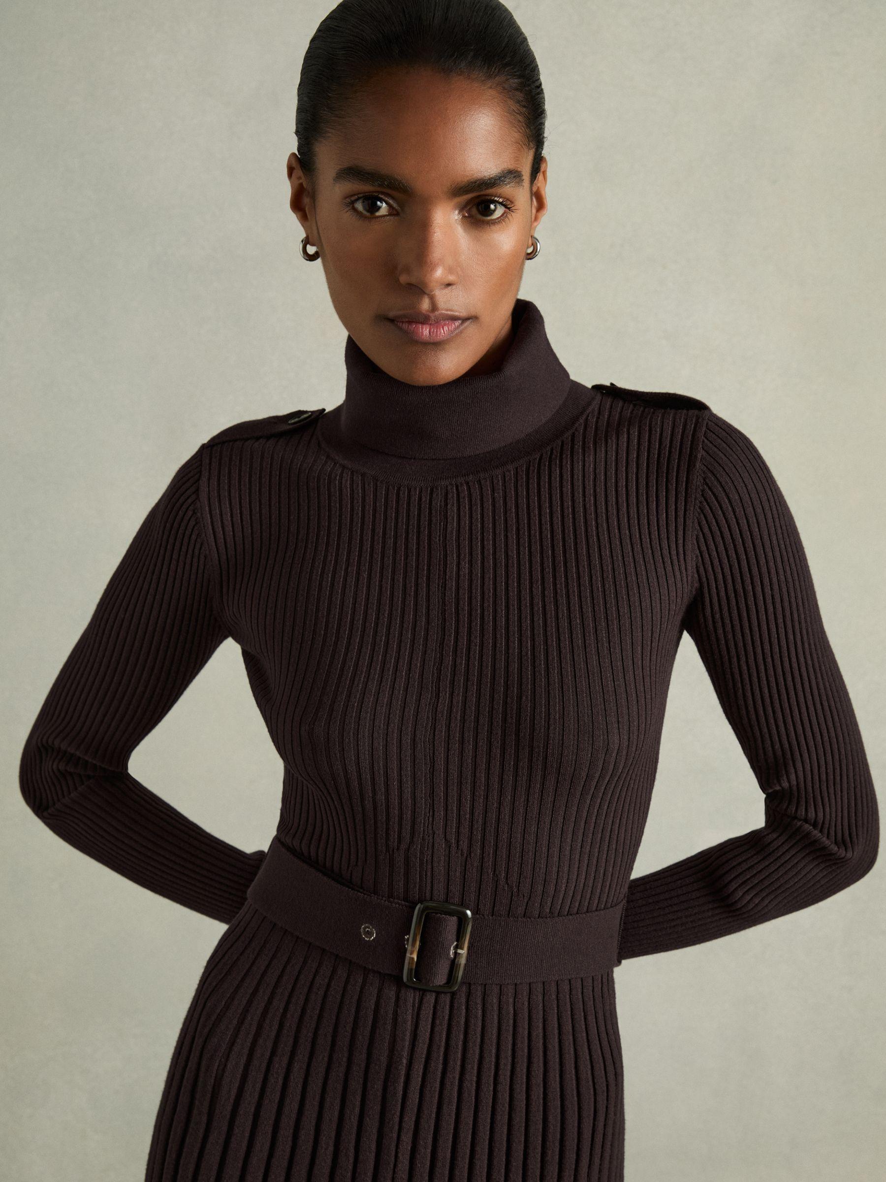 Roll-Neck Ribbed Mini Dress in Brown Product Image