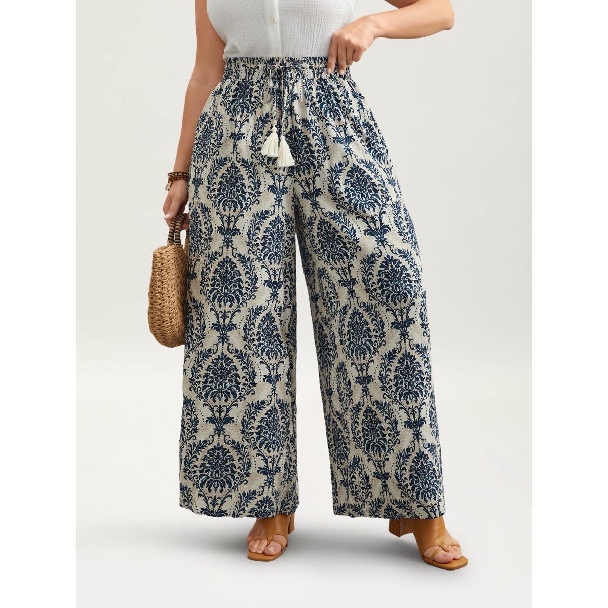 Plus Size Damask Print Tassel Straight-Leg Pants Women DarkBlue Resort Wide Leg Mid Rise Vacation Pants BloomChic 12/L Product Image