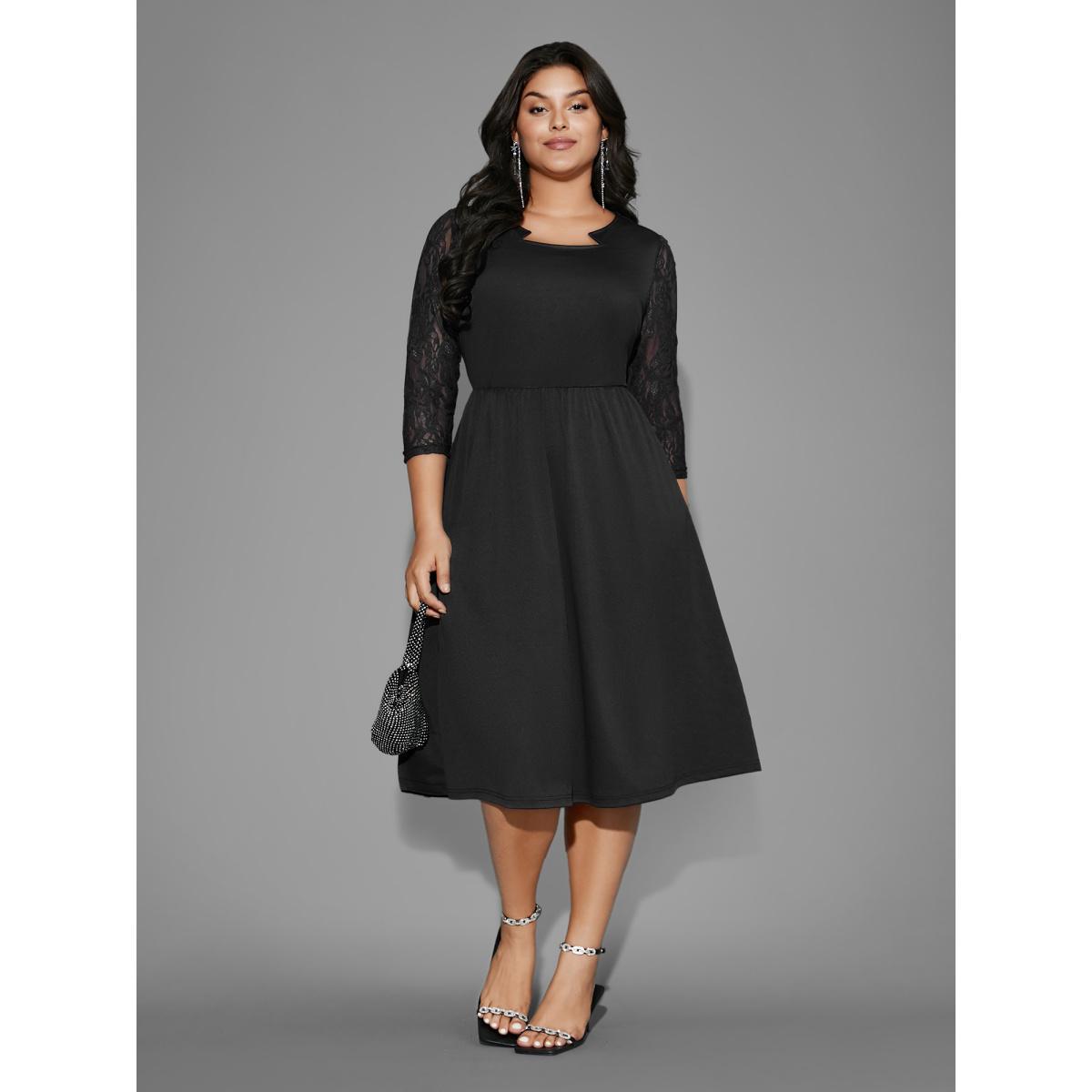 Plus Size Asymmetrical Neck Lace Patchwork Mesh Dress Black Women Cocktail Woven ribbon&lace trim Party Curvy Bloomchic 22-24/3X Product Image
