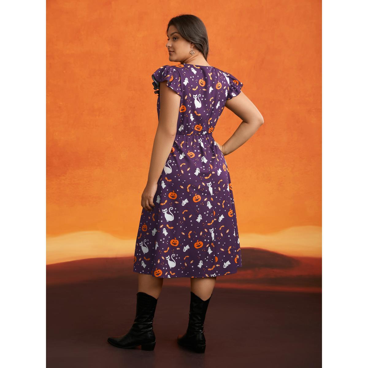 Plus Size Pumpkin Printed Ruffle Sleeves Midi Dress Deeppurple Women Casual Ruffles Party Curvy Bloomchic 28/5X Product Image