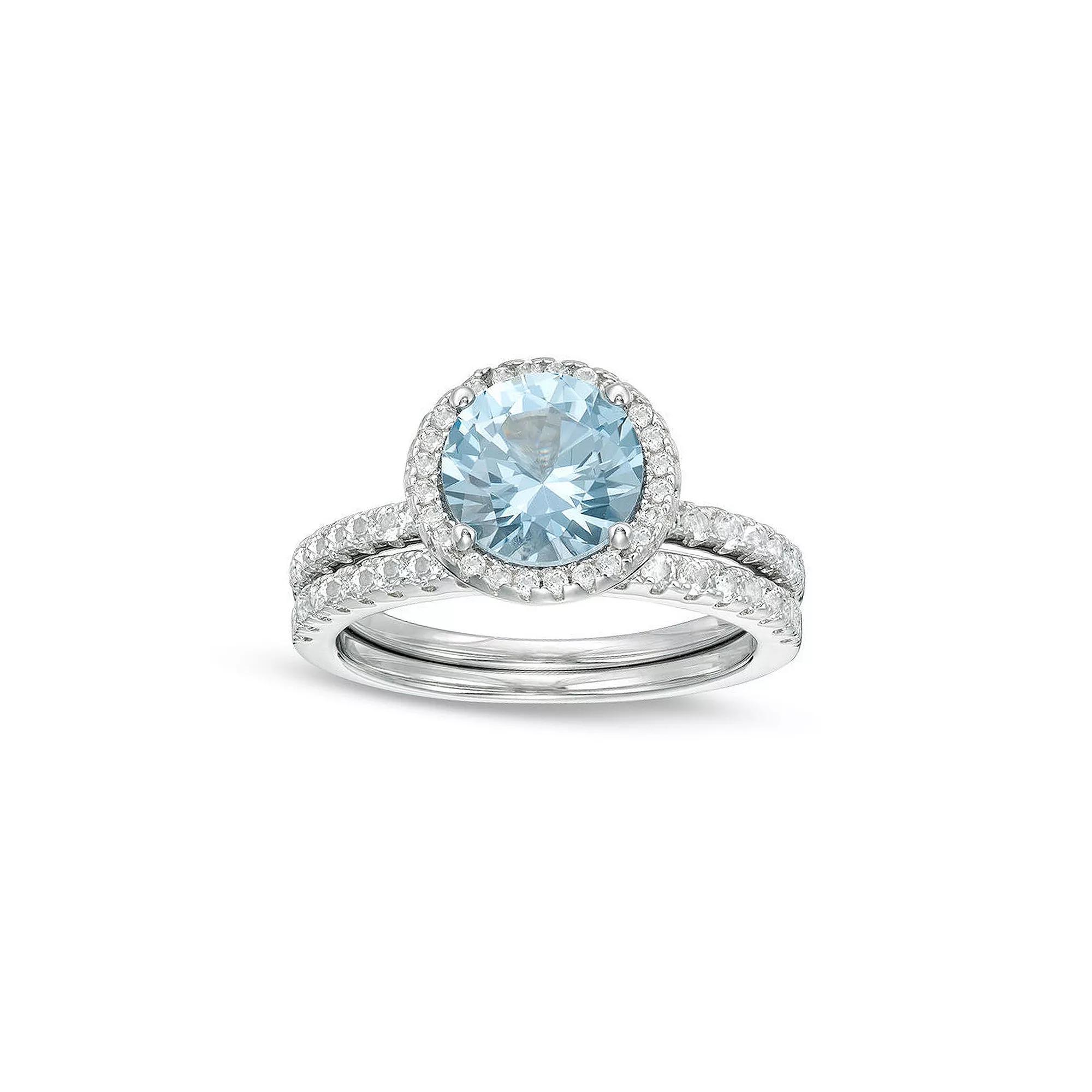 Gemminded Lab-Created Aquamarine Silver Tone 2-Piece Wedding Band Set, Womens Sterling Product Image