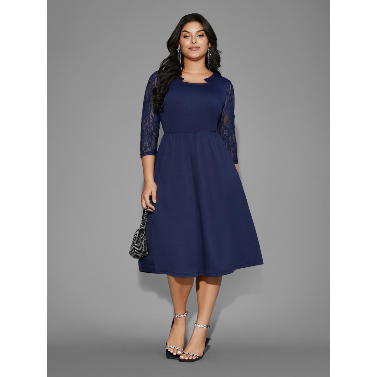Plus Size Asymmetrical Neck Lace Patchwork Mesh Dress Navy Women Cocktail Woven ribbon&lace trim Party Curvy Bloomchic 18-20/2X Product Image
