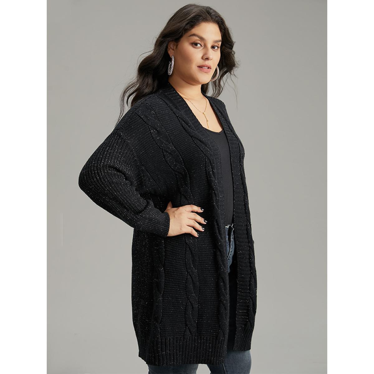 Plus Size Lurex Cable Knit Drop Shoulder Cardigan Black Women Casual Loose Long Sleeve Dailywear Cardigans BloomChic 26/4X Product Image