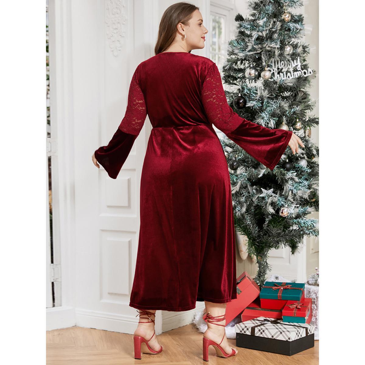 Plus Size Solid Lace Insert Bell Sleeve Pocket Velvet Dress Red Women Party Patchwork Round Neck Long Sleeve Curvy Midi Dress BloomChic 10/M Product Image