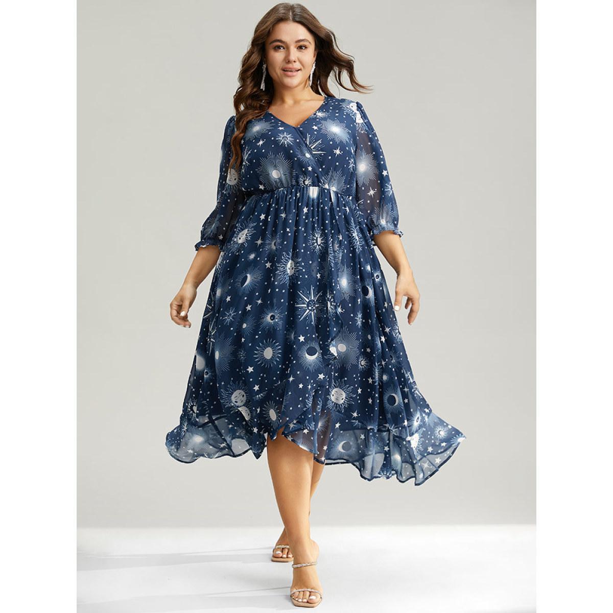 Plus Size Christmas Moon & Star Ruffles Mesh Wrap Dress Cyan Women Party Wrap Overlap Collar Elbow-length sleeve Curvy Midi Dress BloomChic 18-20/2X Product Image