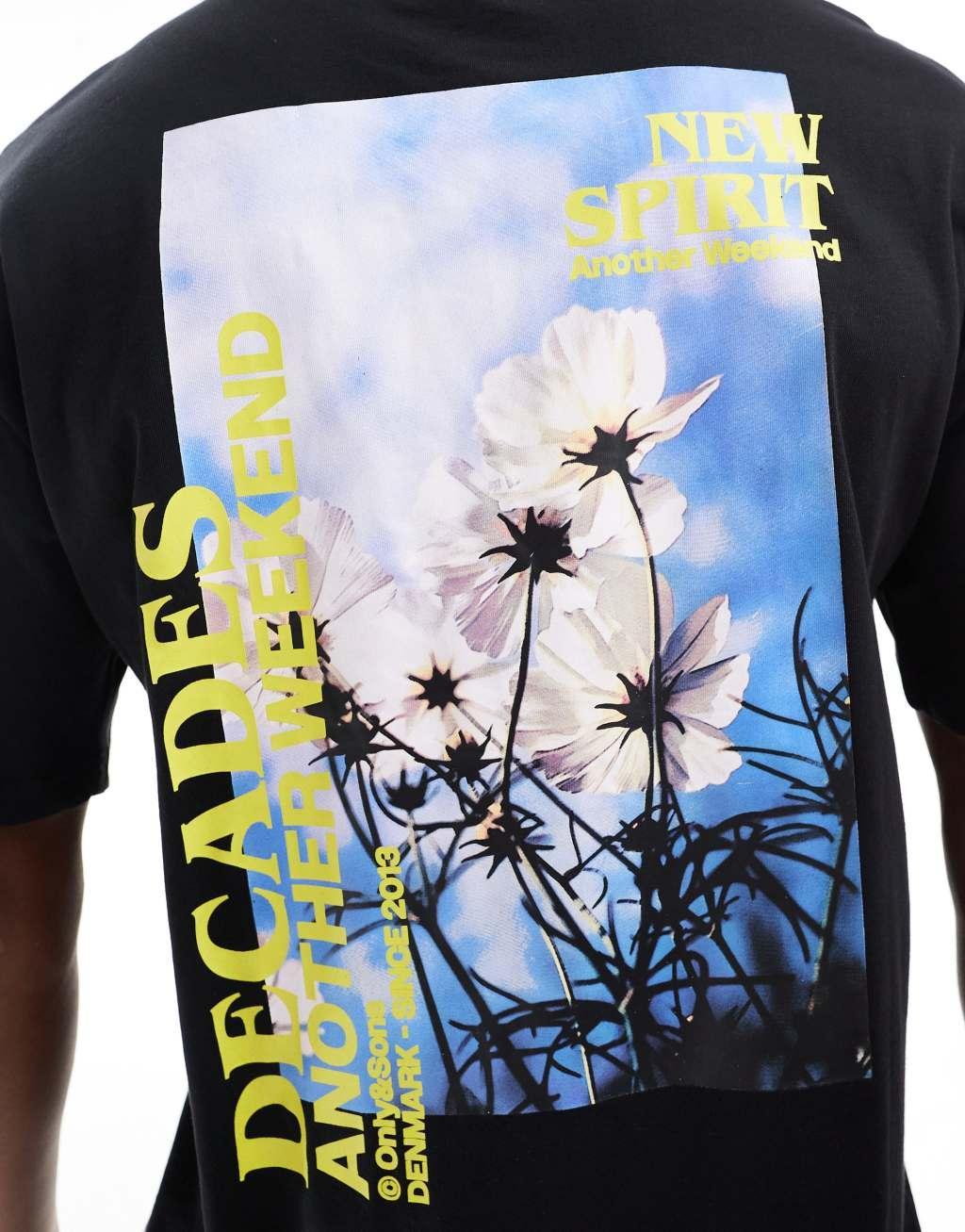 ONLY & SONS relaxed fit t-shirt with decades back print in black Product Image