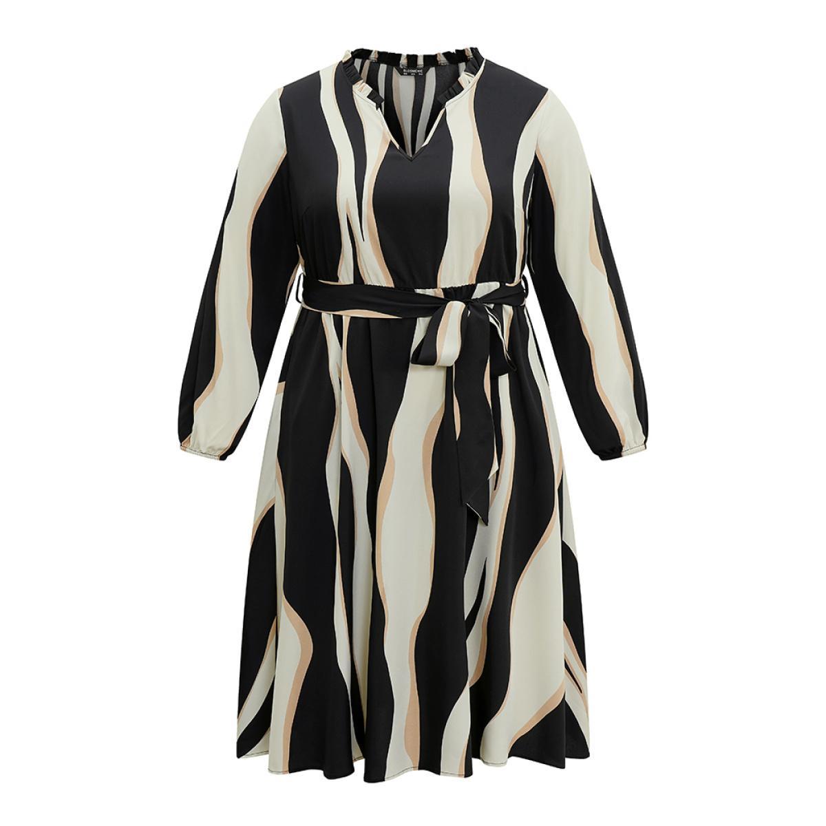 Plus Size Colorblock Striped Notched Belted Lantern Sleeve Dress Black Women At the Office Elastic cuffs Notched collar Long Sleeve Curvy Midi Dress BloomChic 30/6X Product Image