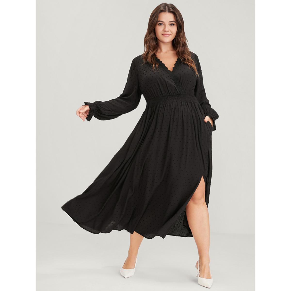 Plus Size Polka Dot Pocket Lantern Sleeve Lace Trim Shirred Dress Black Women Elegant Cross straps V-neck Long Sleeve Curvy Long Dress BloomChic 10/M Product Image