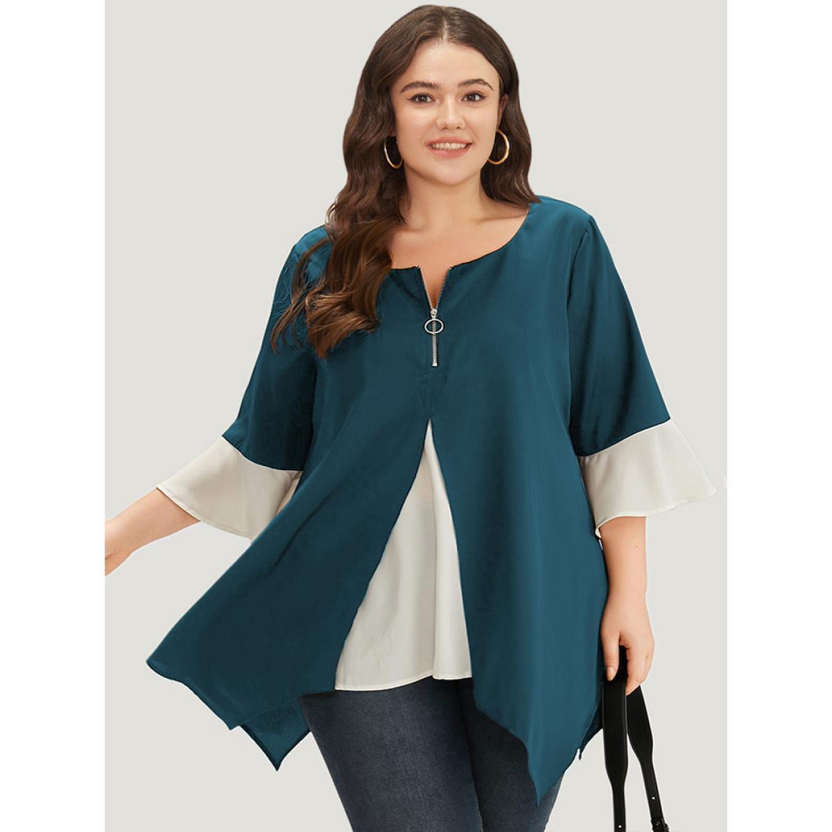 Plus Size Scarlet Anti-Wrinkle Contrast Zip Up Flutter Sleeve Hanky Hem Blouse Women Office Half Sleeve Round Neck Work Blouses BloomChic 22-24/3X Product Image