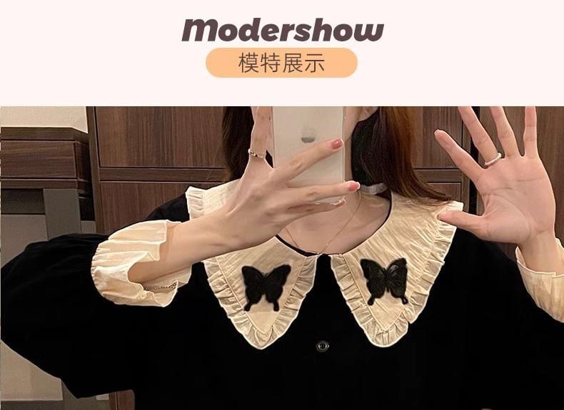 Pajama Set: Long-Sleeve Collar Two Tone Butterfly Applique Button Top + Slit Hem Pants Product Image