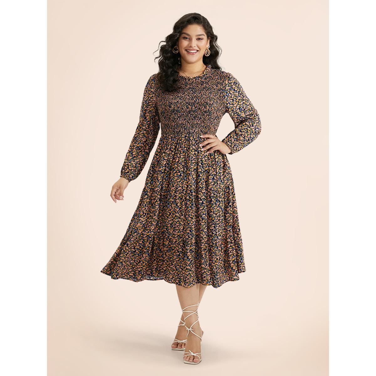 Plus Size Ditsy Floral Shirred Pocket Pleated Frill Trim Dress Indigo Women Elegant Elastic cuffs Round Neck Long Sleeve Curvy Midi Dress BloomChic 26/4X Product Image