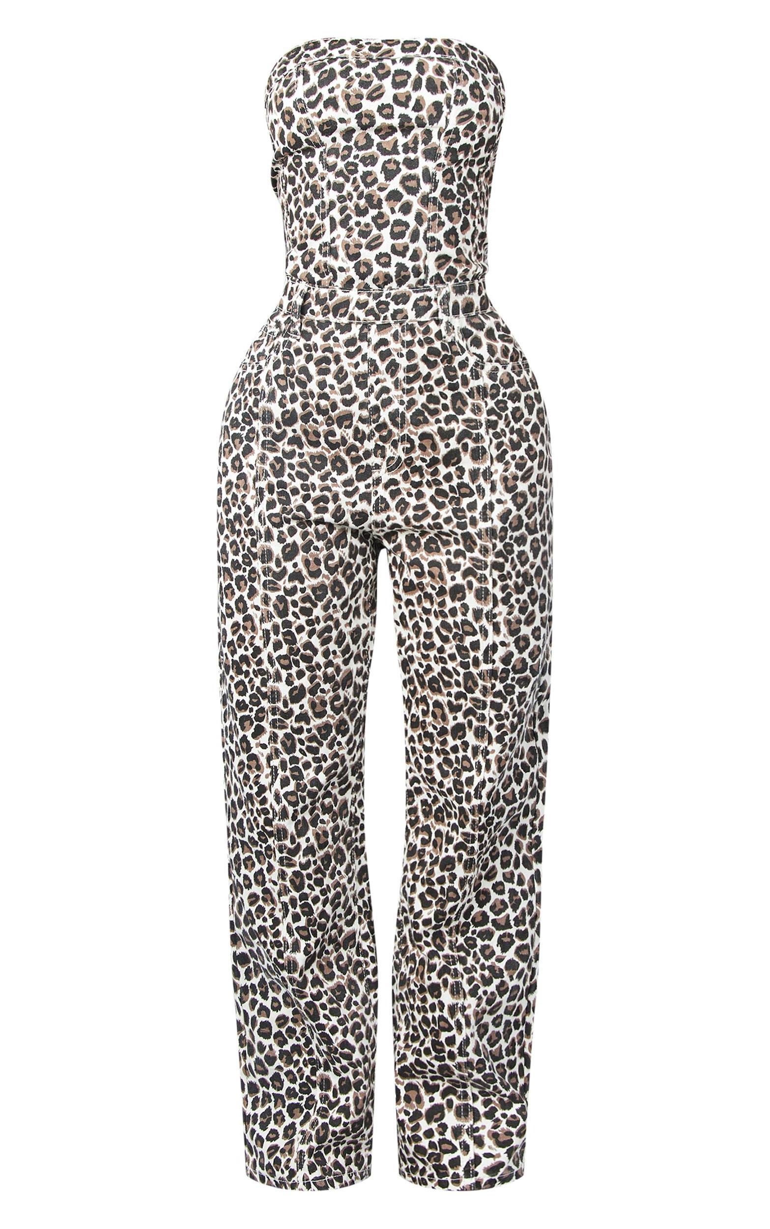 Petite Leopard Print Bandeau Denim Jumpsuit Product Image