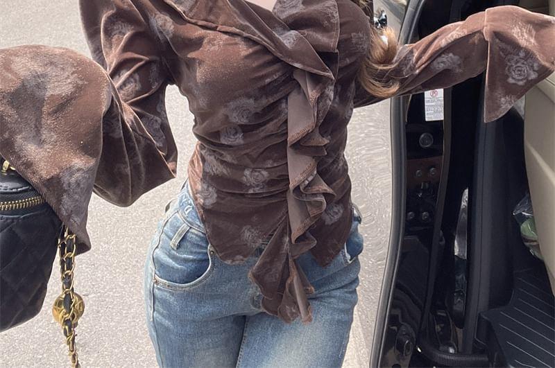 Long Sleeve V-Neck Floral Print Ruffle Top Product Image