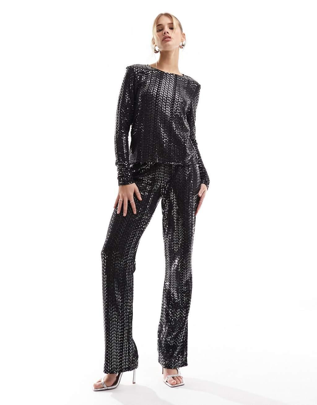 Pieces sequin long sleeve top in black - part of a set Product Image