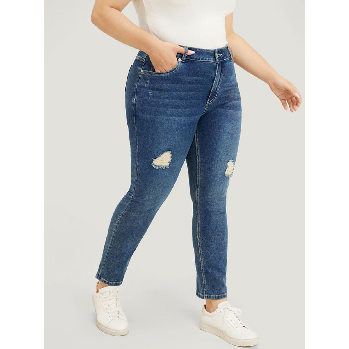 Plus Size Straight Leg Very Stretchy High Rise Medium Wash Jeans Women Indigo Casual Plain Distressed High stretch Pocket Jeans BloomChic 12/L Product Image