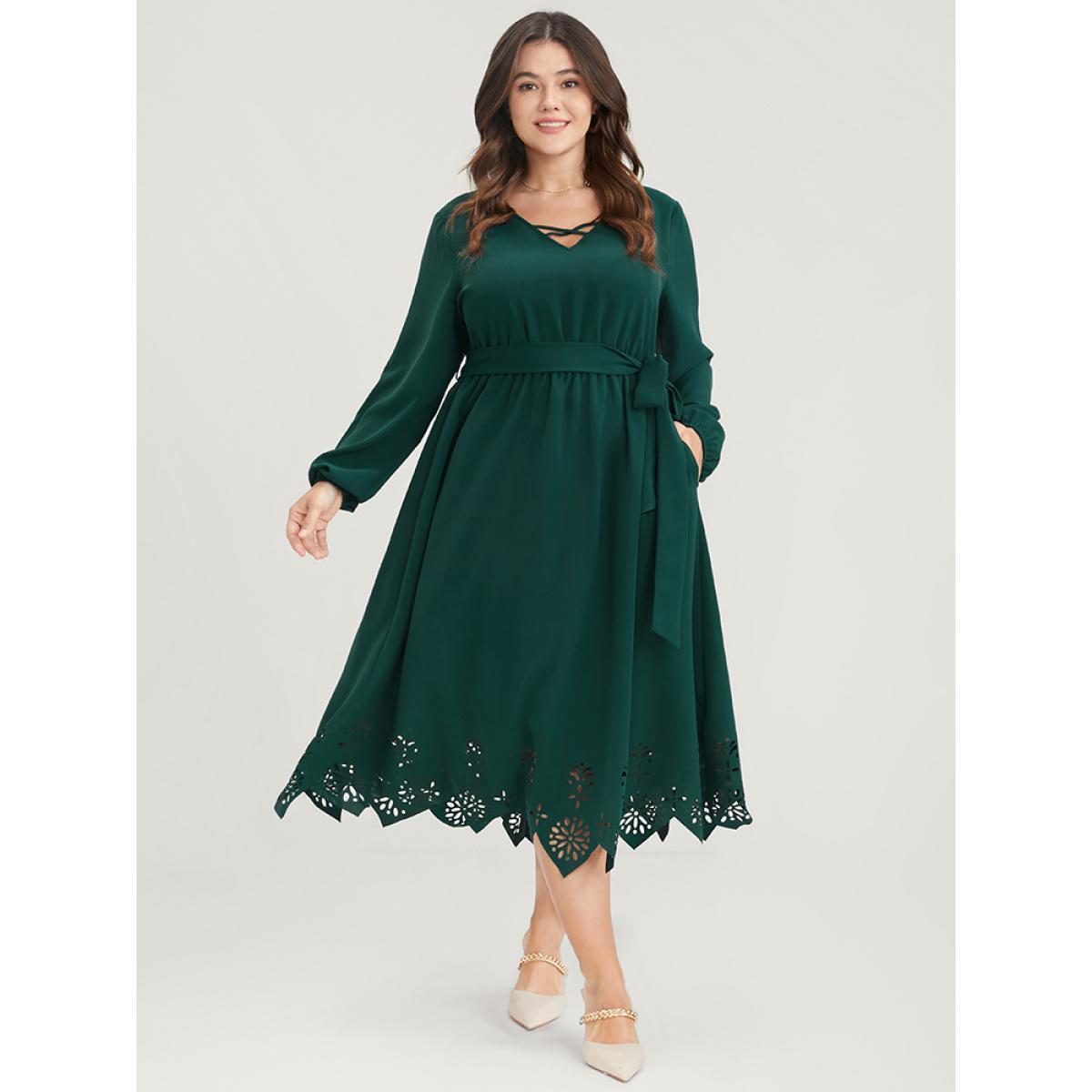 Plus Size Solid Pocket Crisscross V Neck Laser Cut Belted Dress DarkGreen Women Elegant Belted V-neck Long Sleeve Curvy Midi Dress BloomChic 10/M Product Image