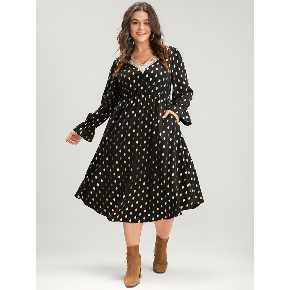 Plus Size Polka Dot Lantern Sleeve Pocket Lace Trim Midi Dress Black Women Party Lace V-neck Long Sleeve Curvy Midi Dress BloomChic 28/5X Product Image