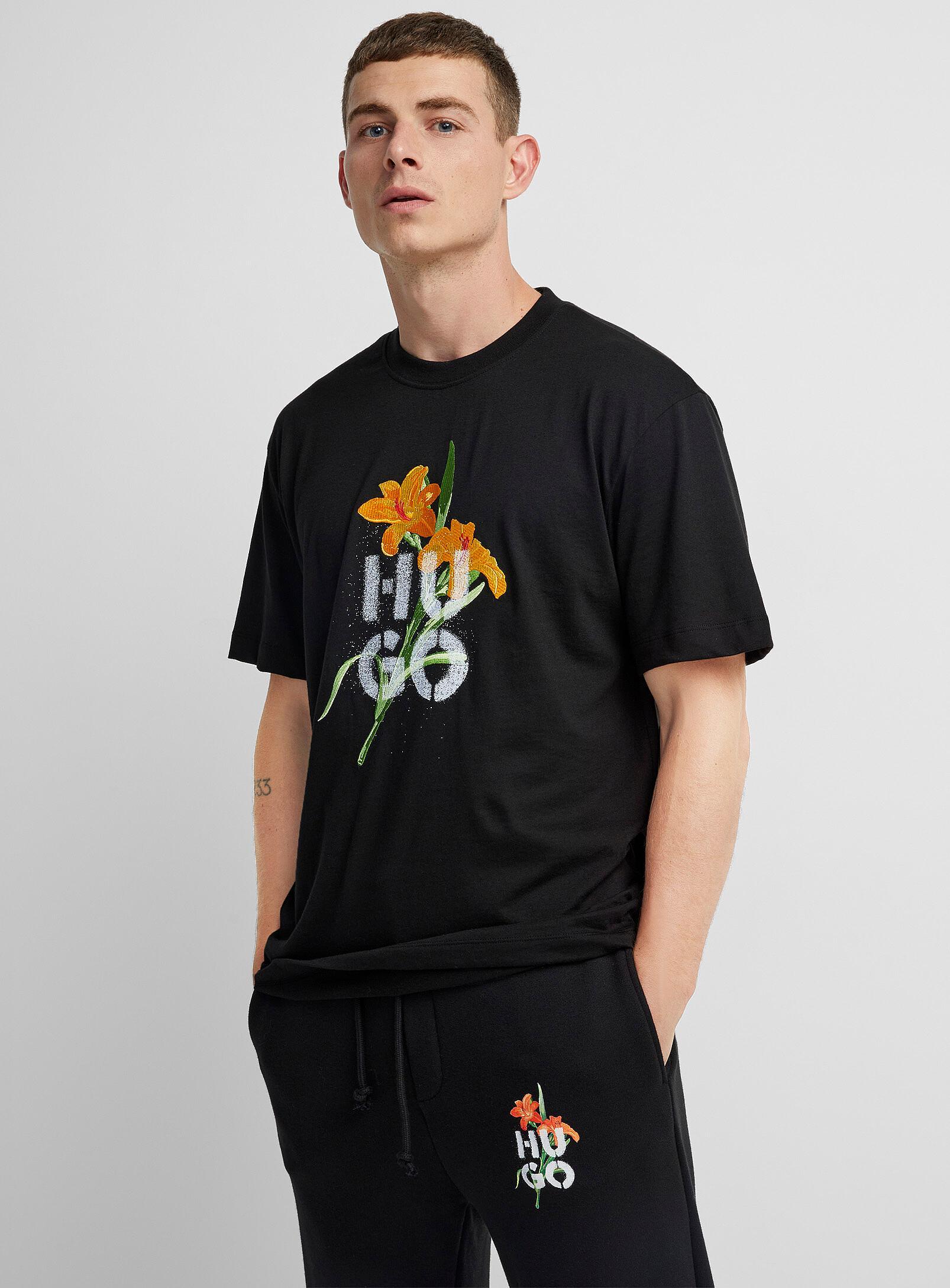 HUGO BOSS Cotton-jersey Relaxed-fit T-shirt With Floral Artwork In Black Product Image