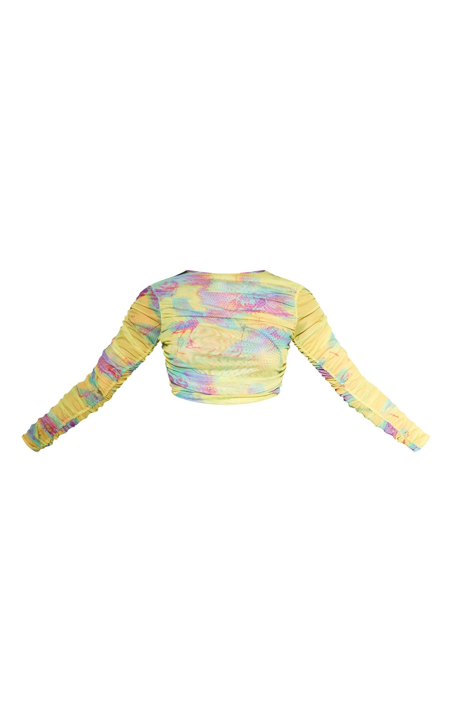 Premium Yellow Print Double Layer Mesh Ruched Top Product Image