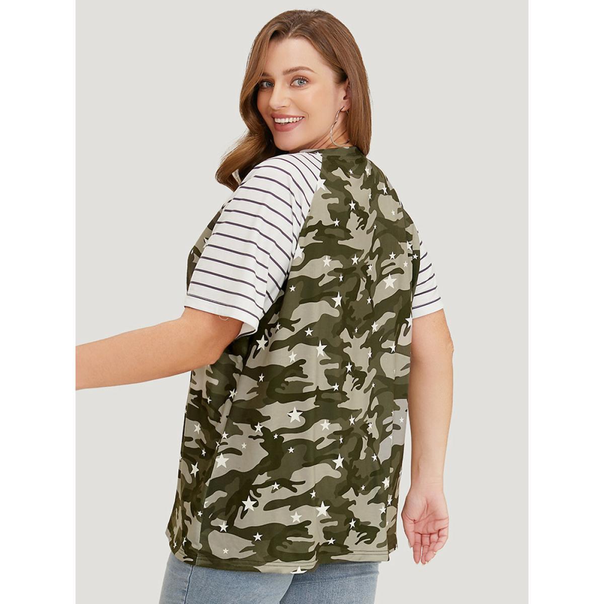 Plus Size Camo & Striped Print Raglan Sleeve T-shirt Multicolor Women Casual Contrast Camo Round Neck Dailywear T-shirts BloomChic 10/M Product Image