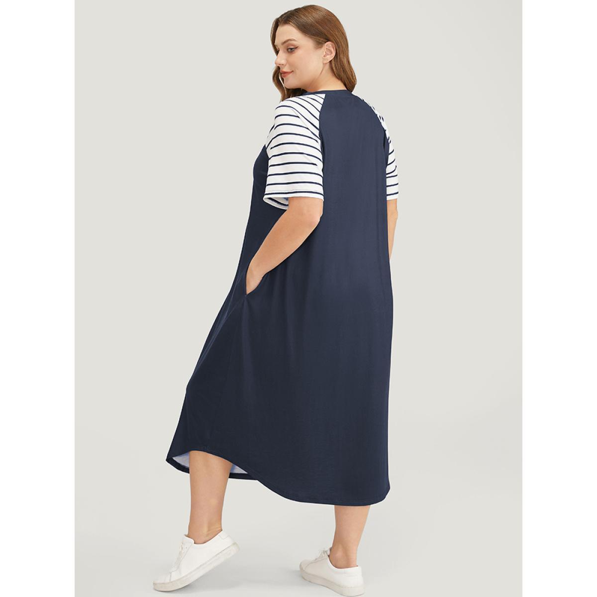 Plus Size Striped Raglan Sleeve Pocket Arc Hem Dress Navy Women Casual Arc Hem V-neck Short sleeve Curvy Midi Dress BloomChic 18-20/2X Product Image