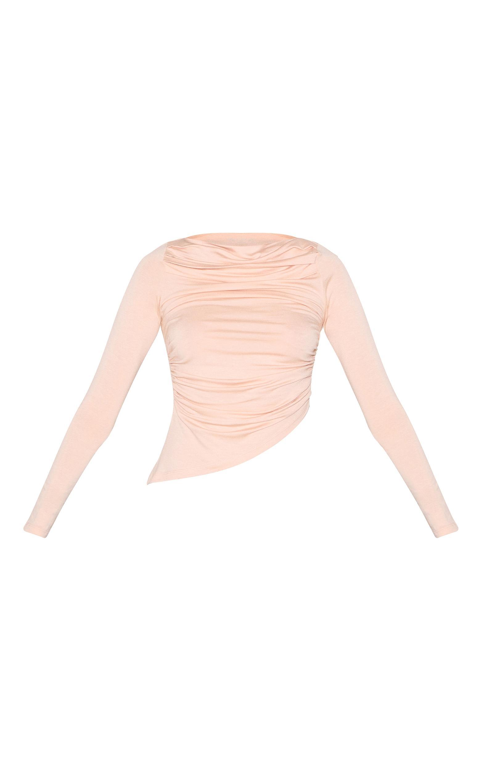 Cream Ruched Detail Asymmetric Hem Long Sleeve Top Product Image