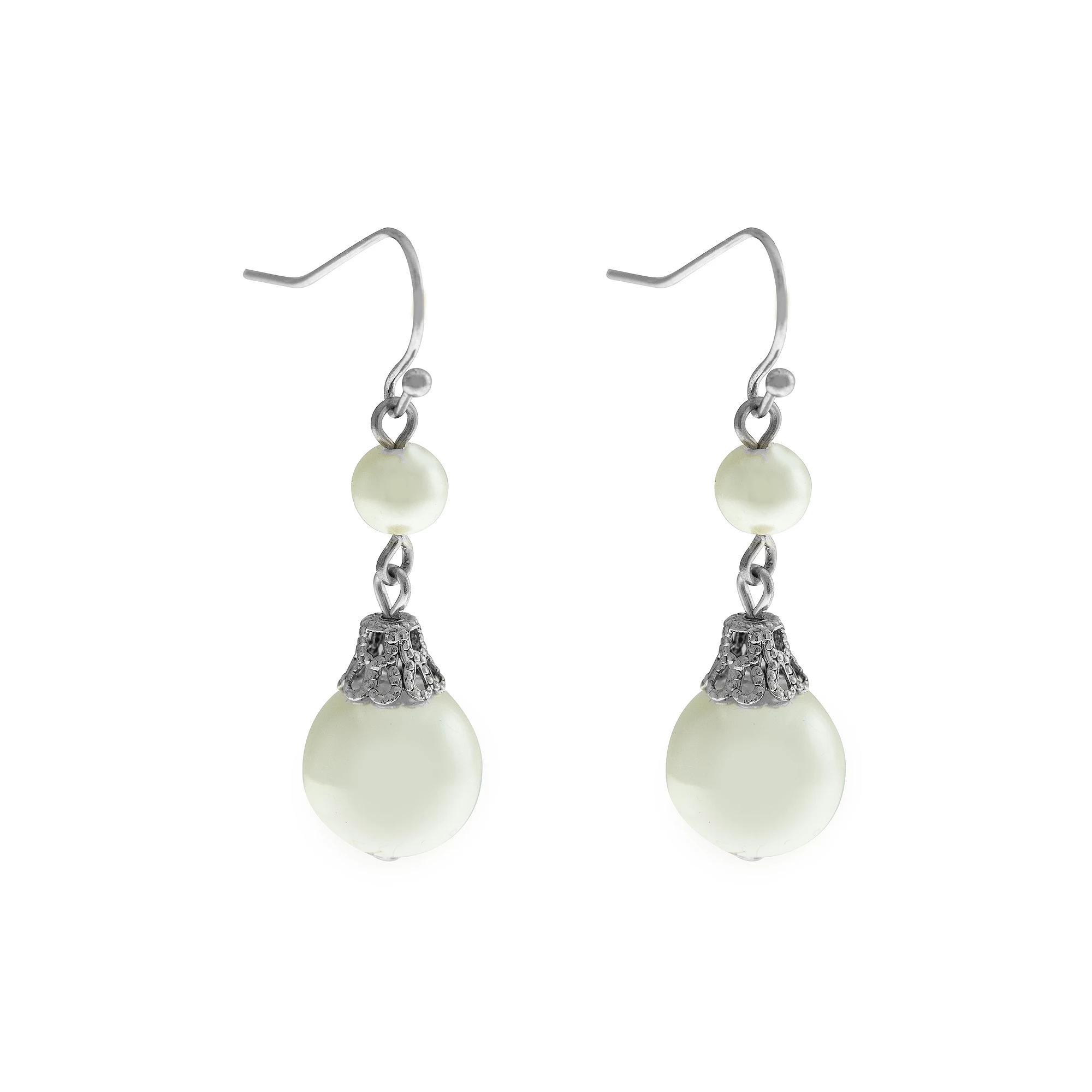 1928 Silver Tone Double Simulated Pearl Drop Earrings, Womens, White Product Image
