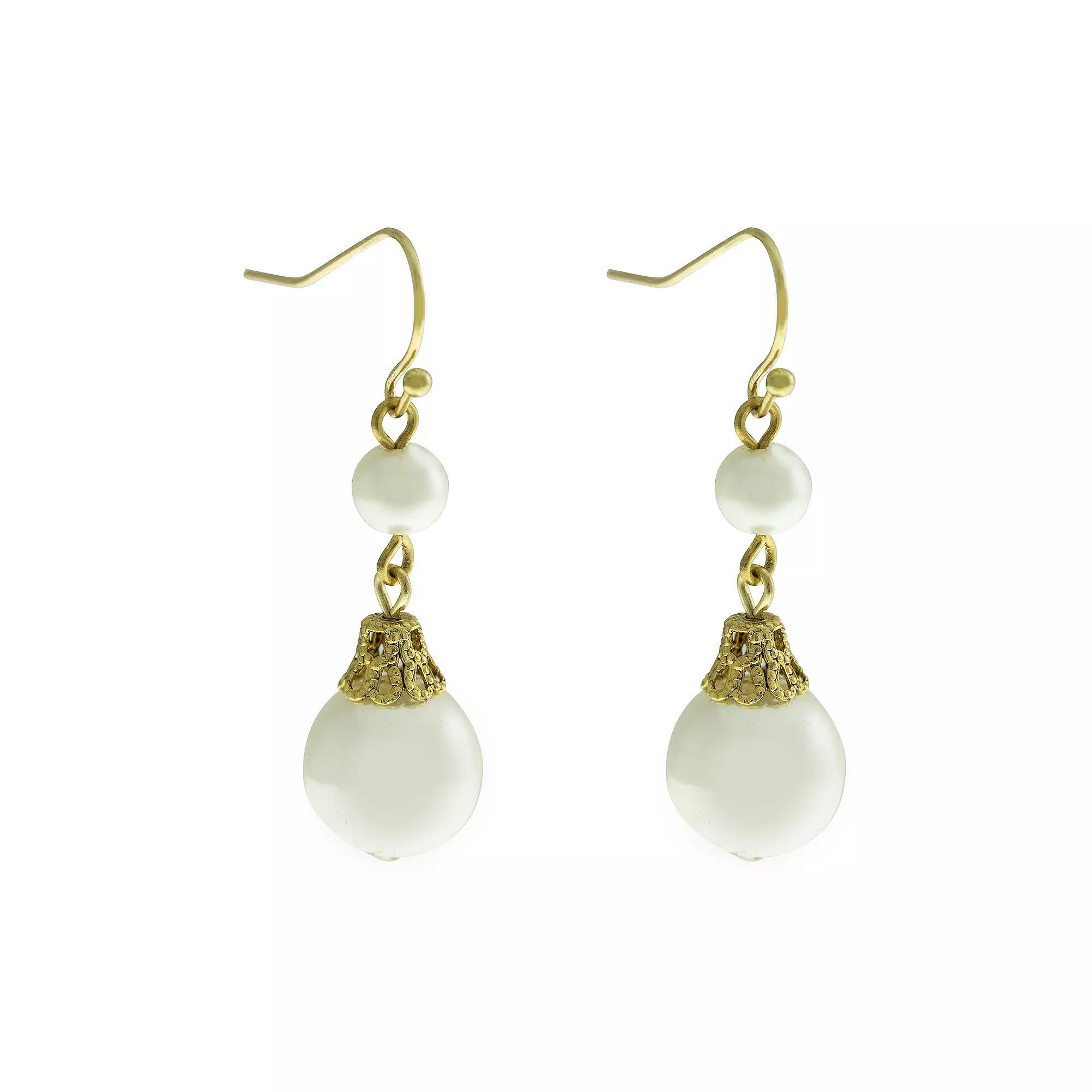 1928 Silver Tone Double Simulated Pearl Drop Earrings, Womens, White Product Image