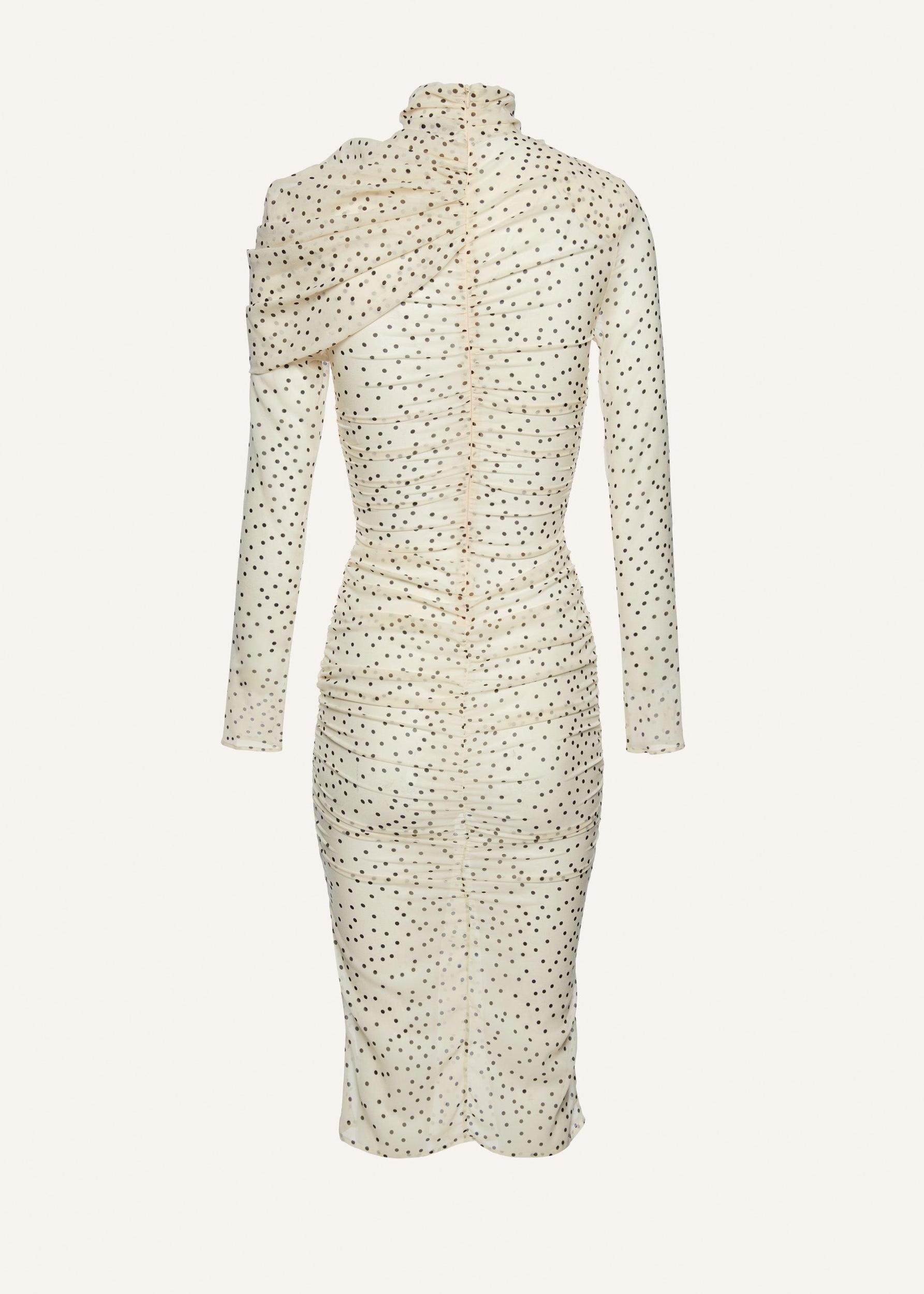 Draped high neck midi dress in cream dots Product Image