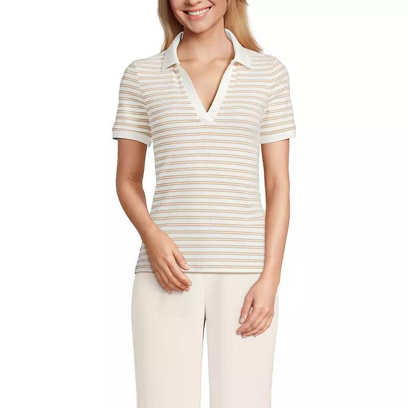Petite Lands' End Short Sleeve Polished Rib Polo, Women's, Size: XS Petite, Ivory Vibrant Green Product Image