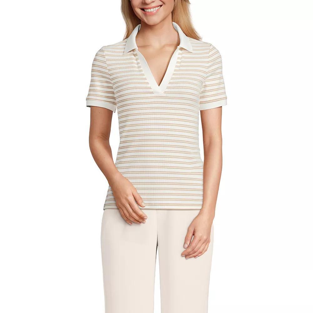 Petite Lands' End Short Sleeve Polished Rib Polo, Women's, Size: XS Petite, Ivory Vibrant Green Product Image