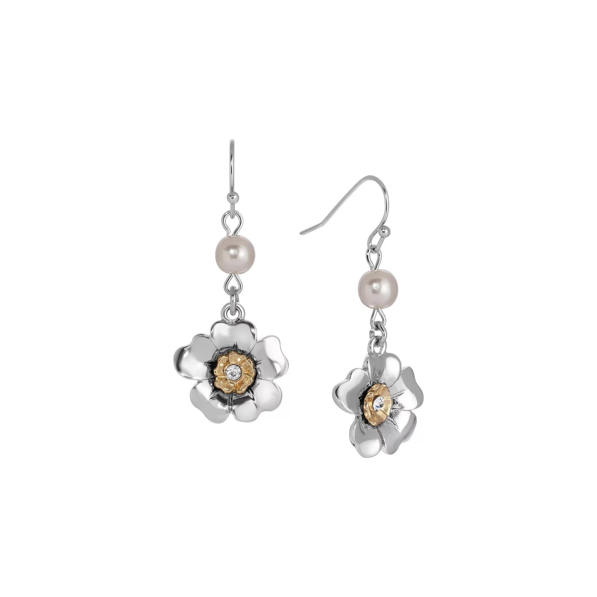 1928 Two-Tone Simulated Pearl Crystal Flower Wire Earrings, Womens, Gray Product Image