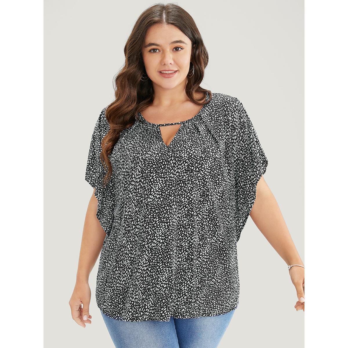 Plus Size Black Polka Dot Ruffle Sleeve Keyhole Neck Blouse Women Elegant Short sleeve Round Neck Dailywear Blouses BloomChic 28/5X Product Image