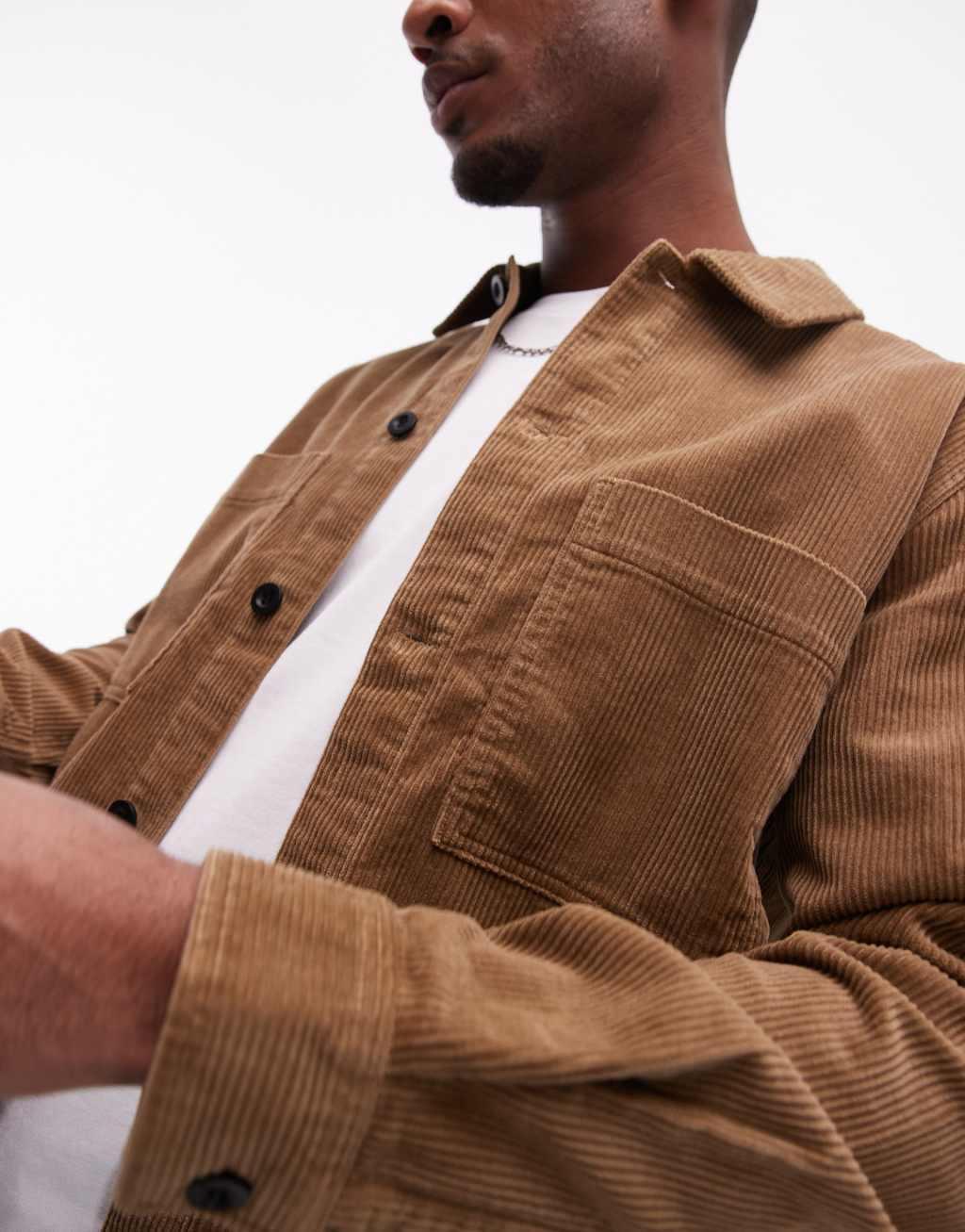 ARKET cord overshirt with front patch pockets in brown Product Image