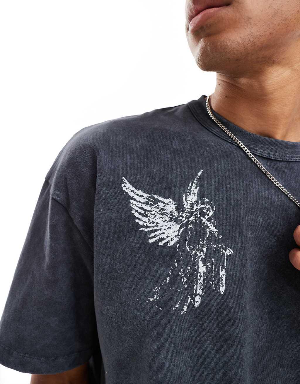 ASOS DESIGN boxy oversized t-shirt in heavyweight 220gsm washed black with angel multiplacement print Product Image